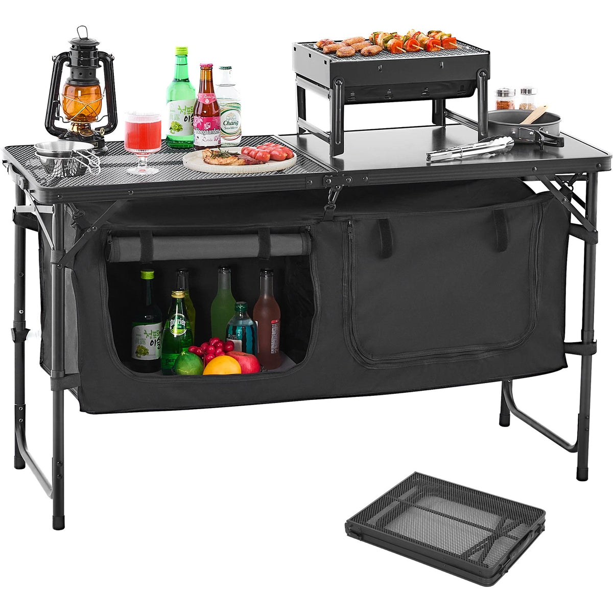 Black camping kitchen table with storage compartments, food, and drinks on a white background