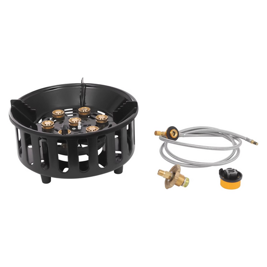Portable propane camping stove burner with hose and fuel connector for outdoor cooking