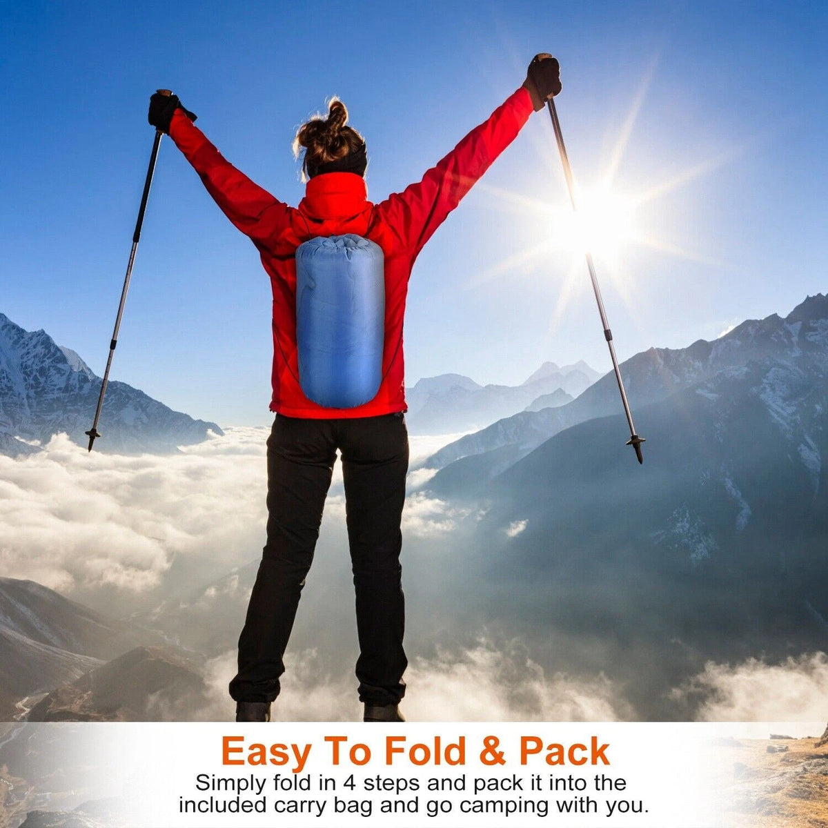 Person in red jacket with blue backpack standing on a mountain top with text about easy folding and packing.