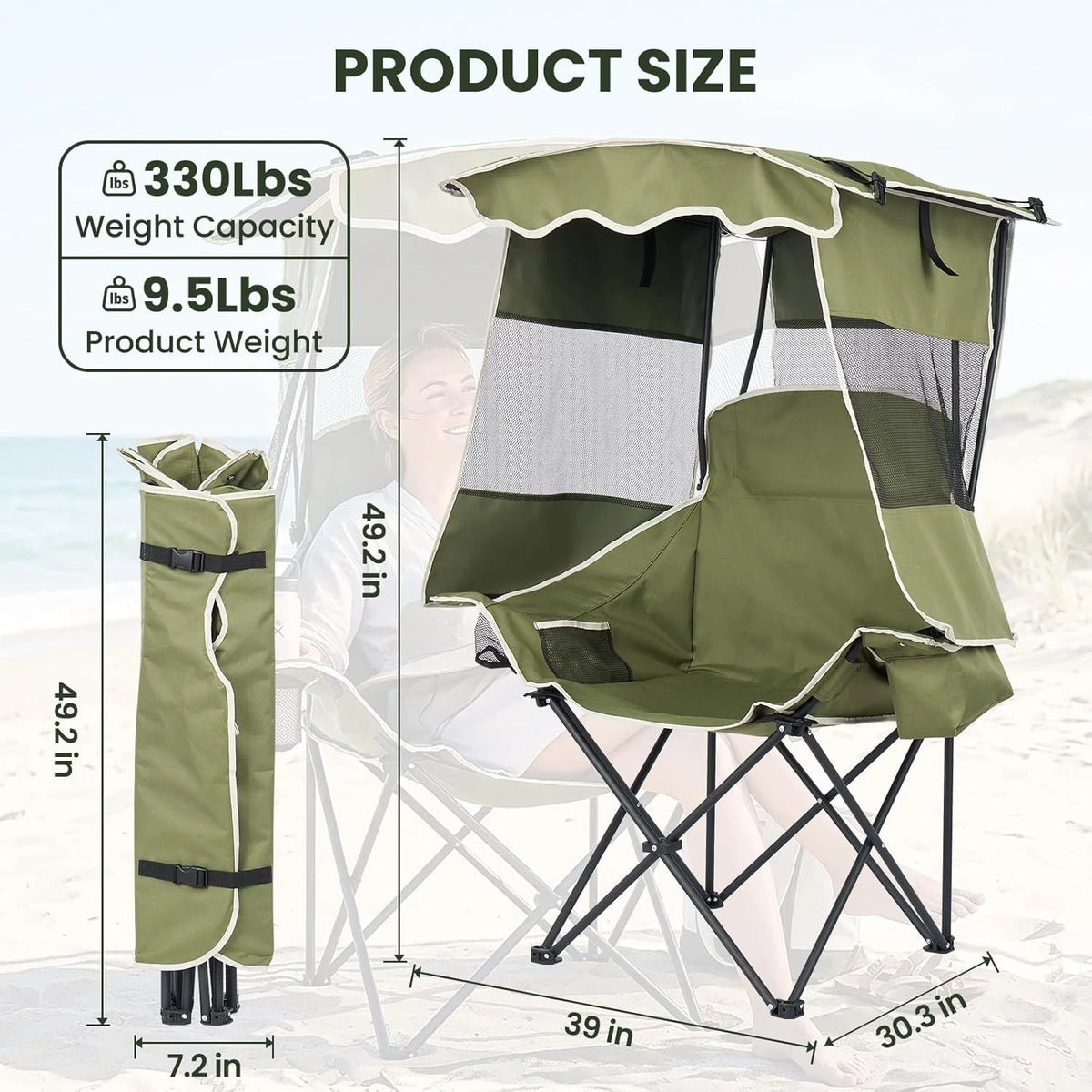 Product size diagram for an outdoor folding camp chair with canopy, showing the assembled chair, folded storage bag, and dimension labels including 39 in width, 30.3 in depth, 49.