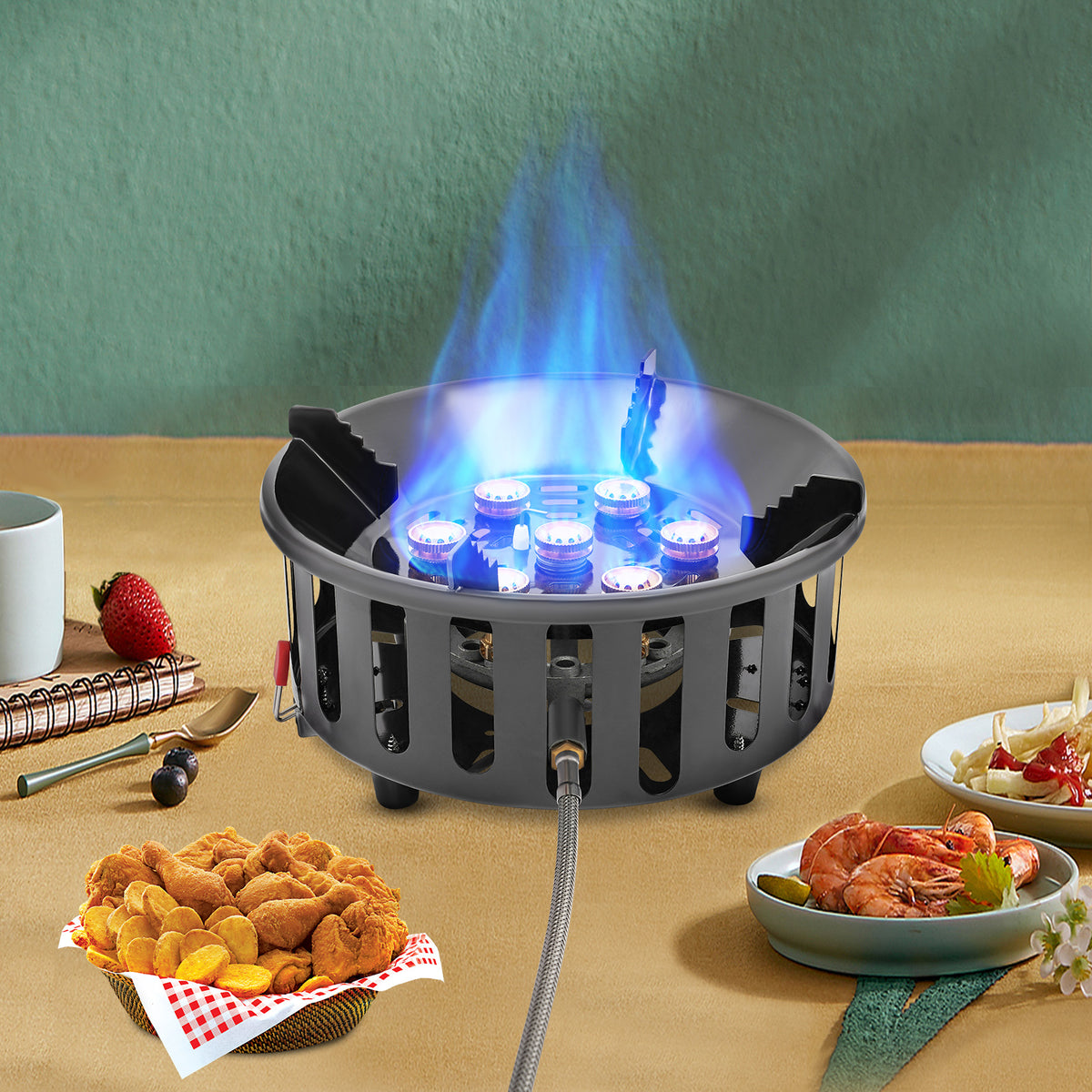 Portable propane camping stove with strong blue flame for outdoor cooking
