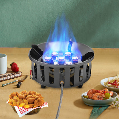 Portable propane camping stove with strong blue flame for outdoor cooking