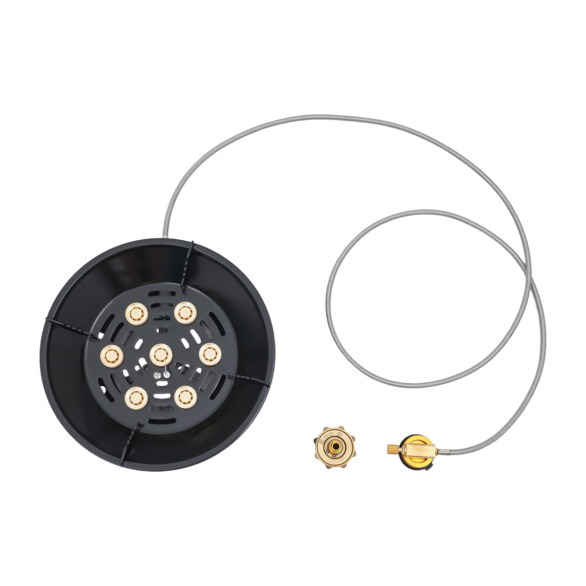 Portable camping stove with propane hose and fuel connector accessories