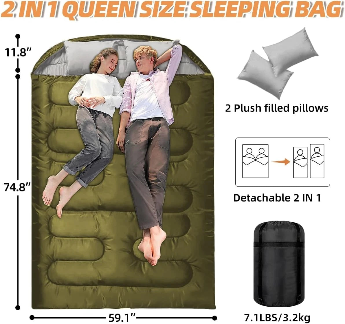 2-in-1 queen size sleeping bag with two plush filled pillows, dimensions, and weight displayed.
