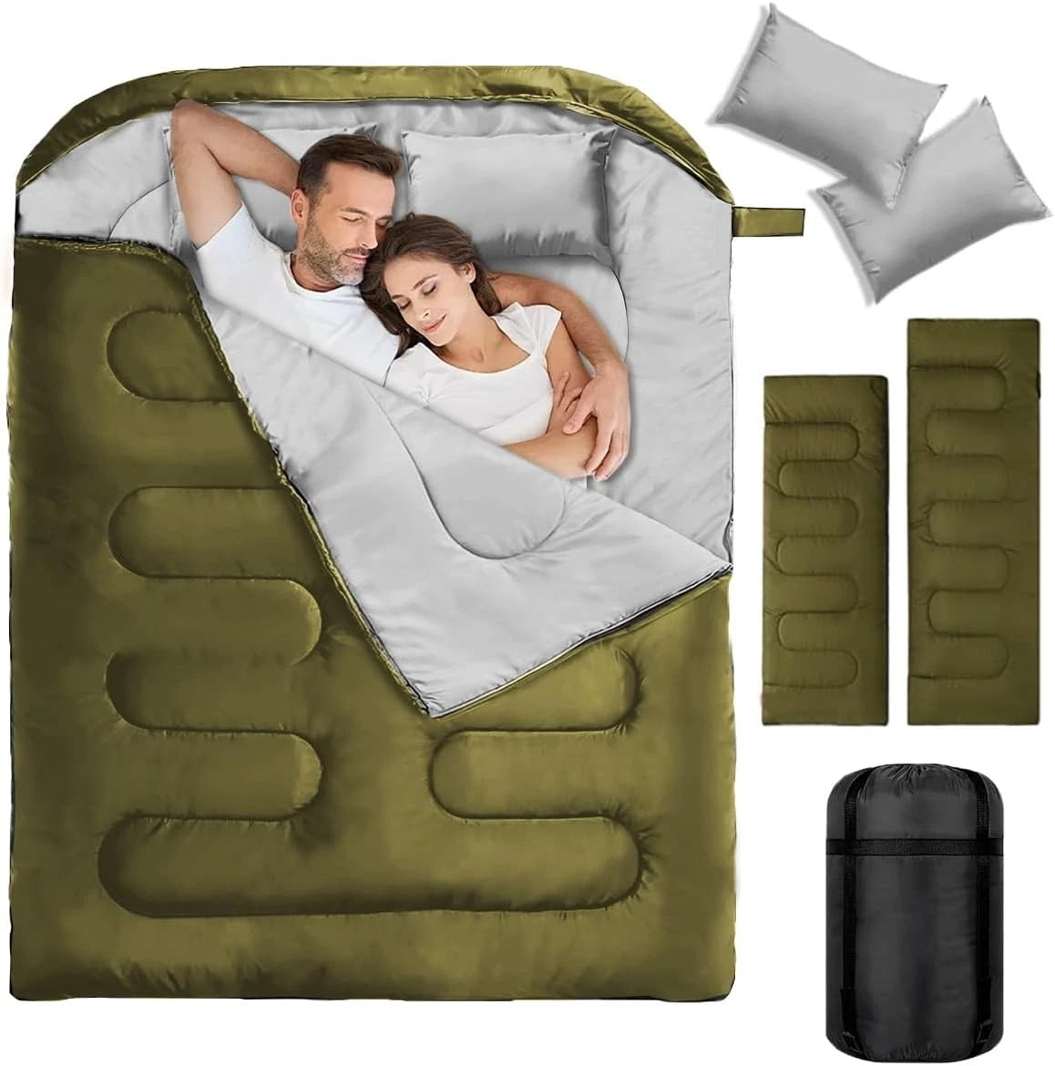 Inflatable camping mattress with a couple lying on it, surrounded by additional pillows and a carrying bag.