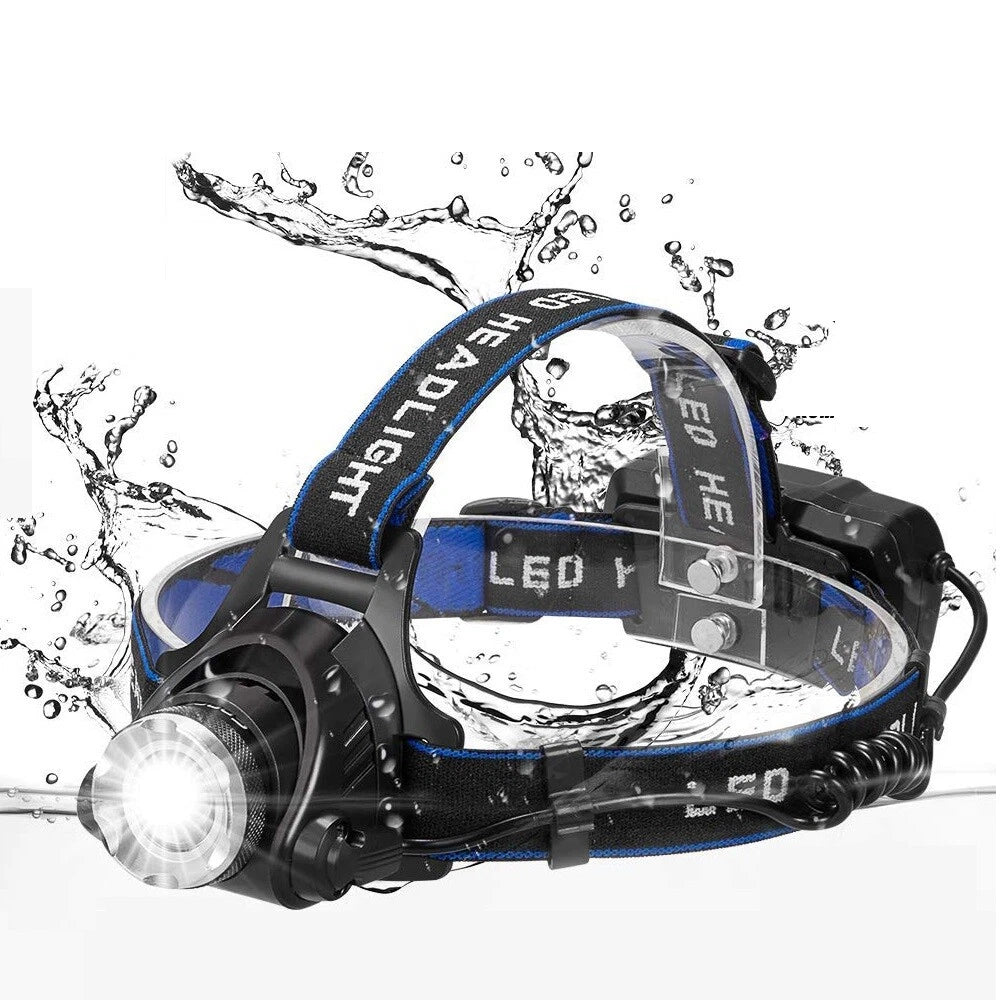 Headlamp with water splashes on a white background