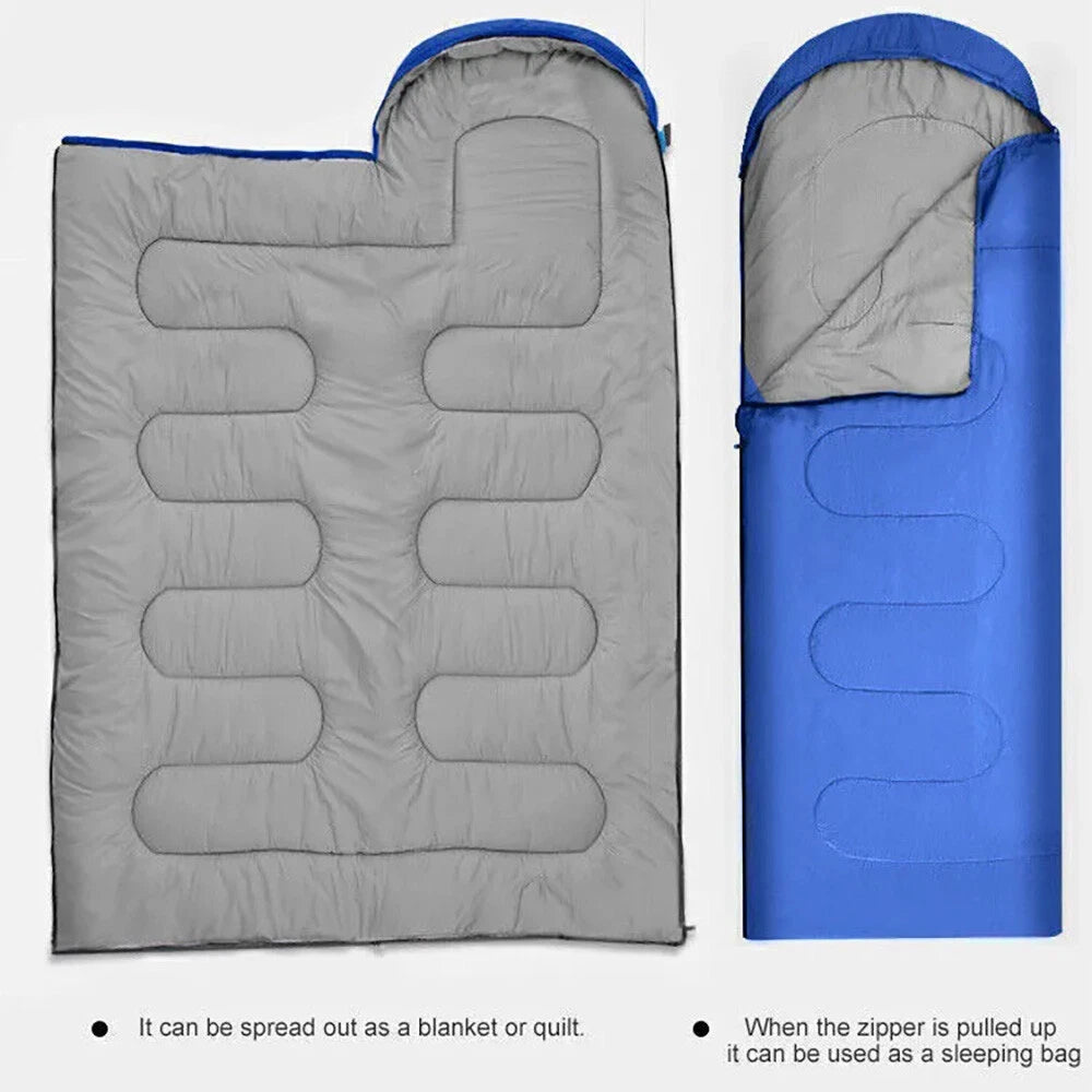 A gray and blue camping sleeping pad shown in two views on a white background, with text explaining that it can be spread out as a blanket or quilt, or zipped up as a sleeping bag.