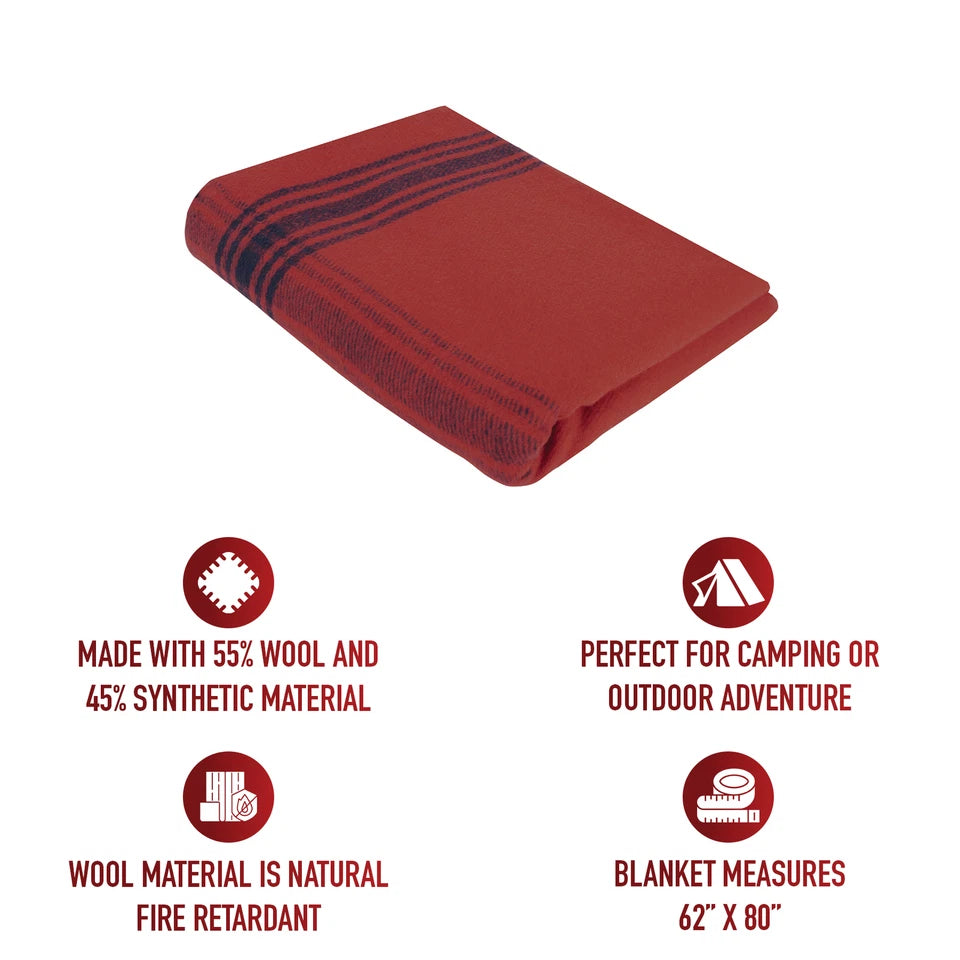 Red wool camping blanket showing material features and dimensions