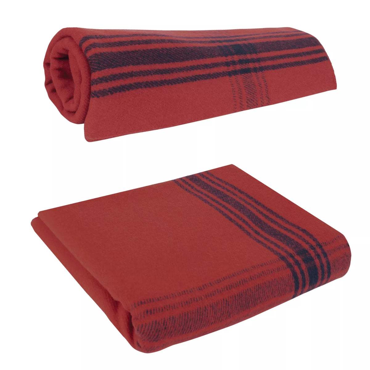 Red wool camping blanket shown in rolled and folded positions