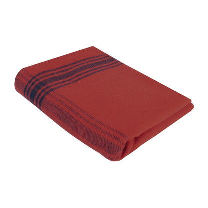 A red wool camping blanket with navy blue stripes, folded and displayed against a white background.