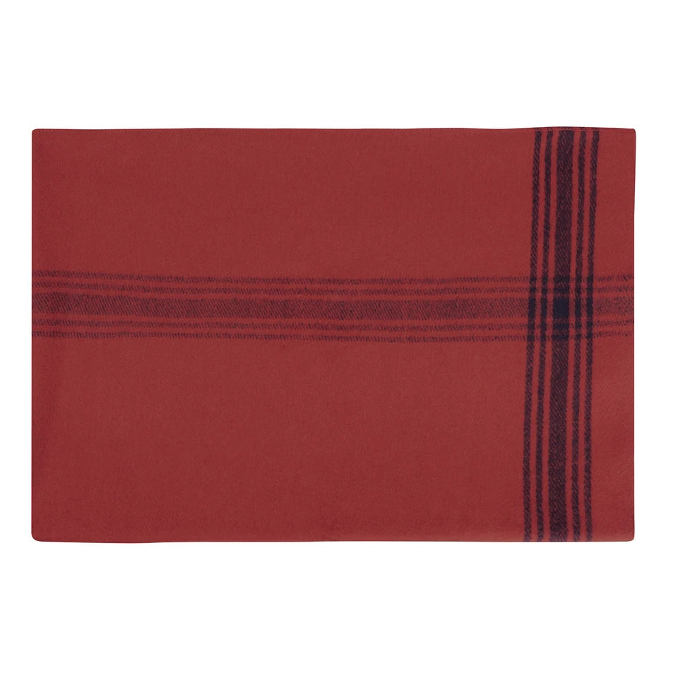 Red wool camping blanket laid flat showing striped edge detail