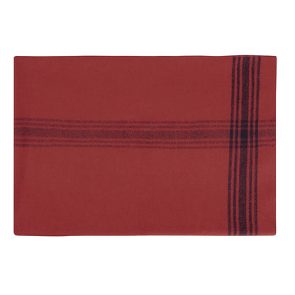 Red wool camping blanket laid flat showing striped edge detail