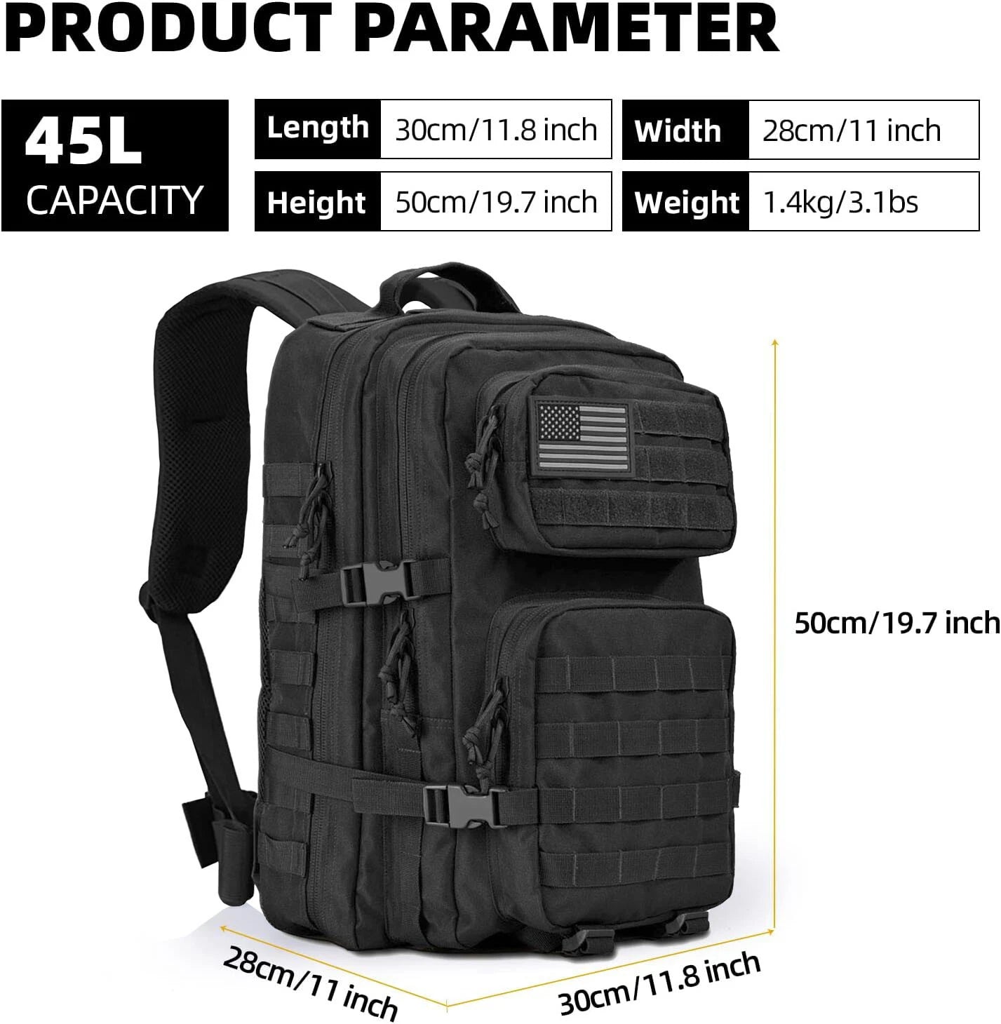 45L Tactical Assault Backpack MOLLE Military Bugout Bag for Survival