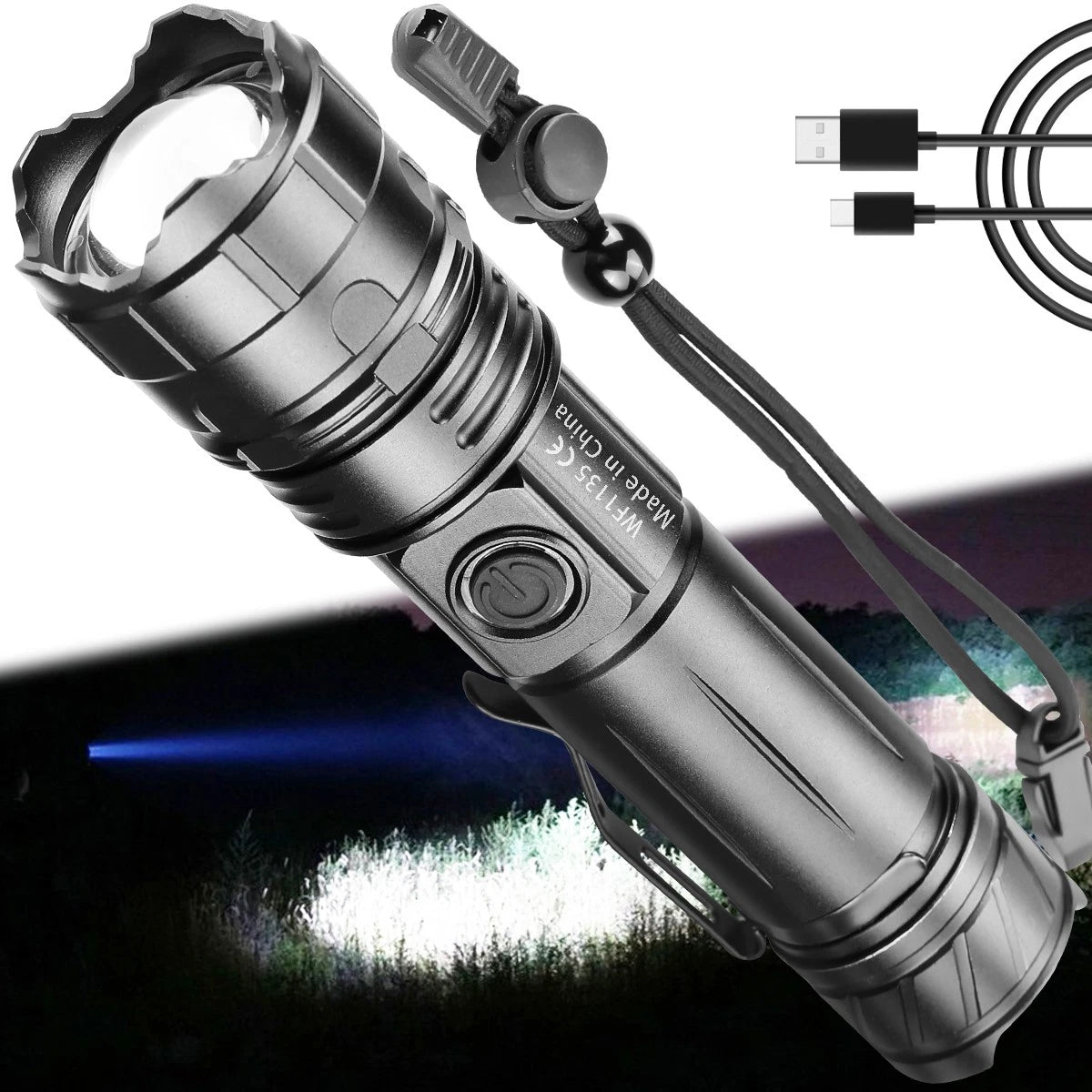 Black flashlight with USB cable on a dark background