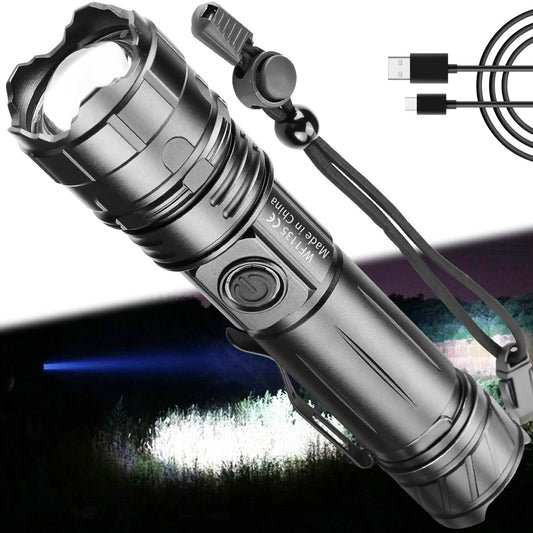 Black flashlight with USB cable on a dark background