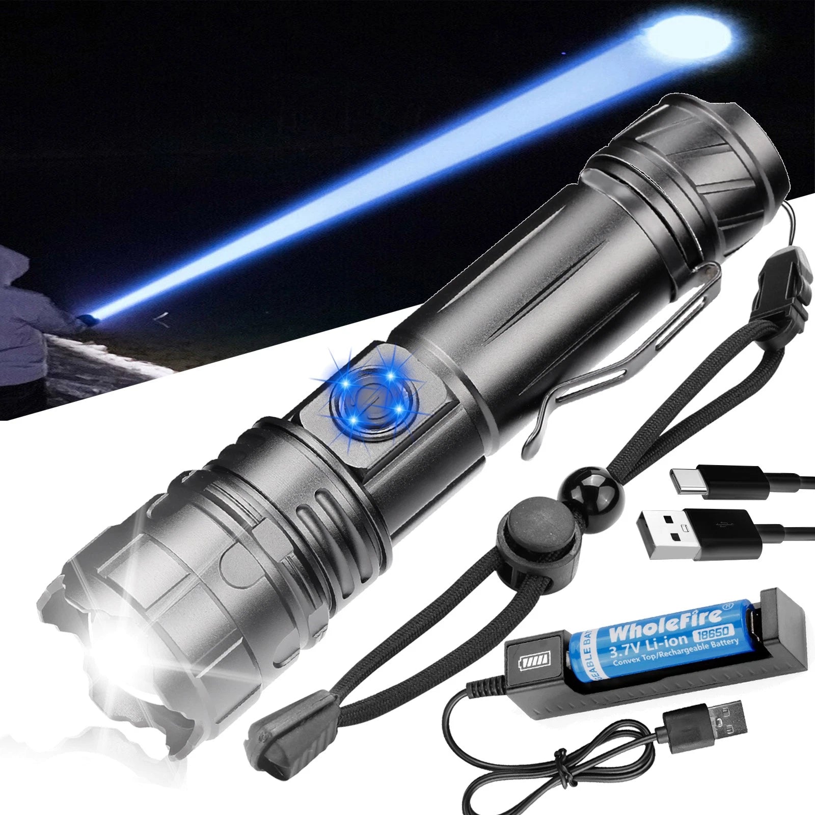 Flashlight with blue light, battery, and charging cable on a white background