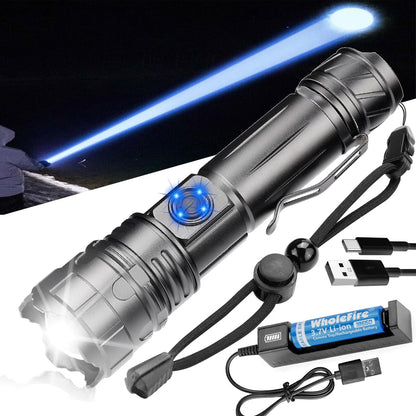 Flashlight with blue light, battery, and charging cable on a white background