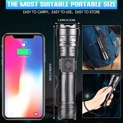 Black flashlight with smartphone and backpack on a dark background