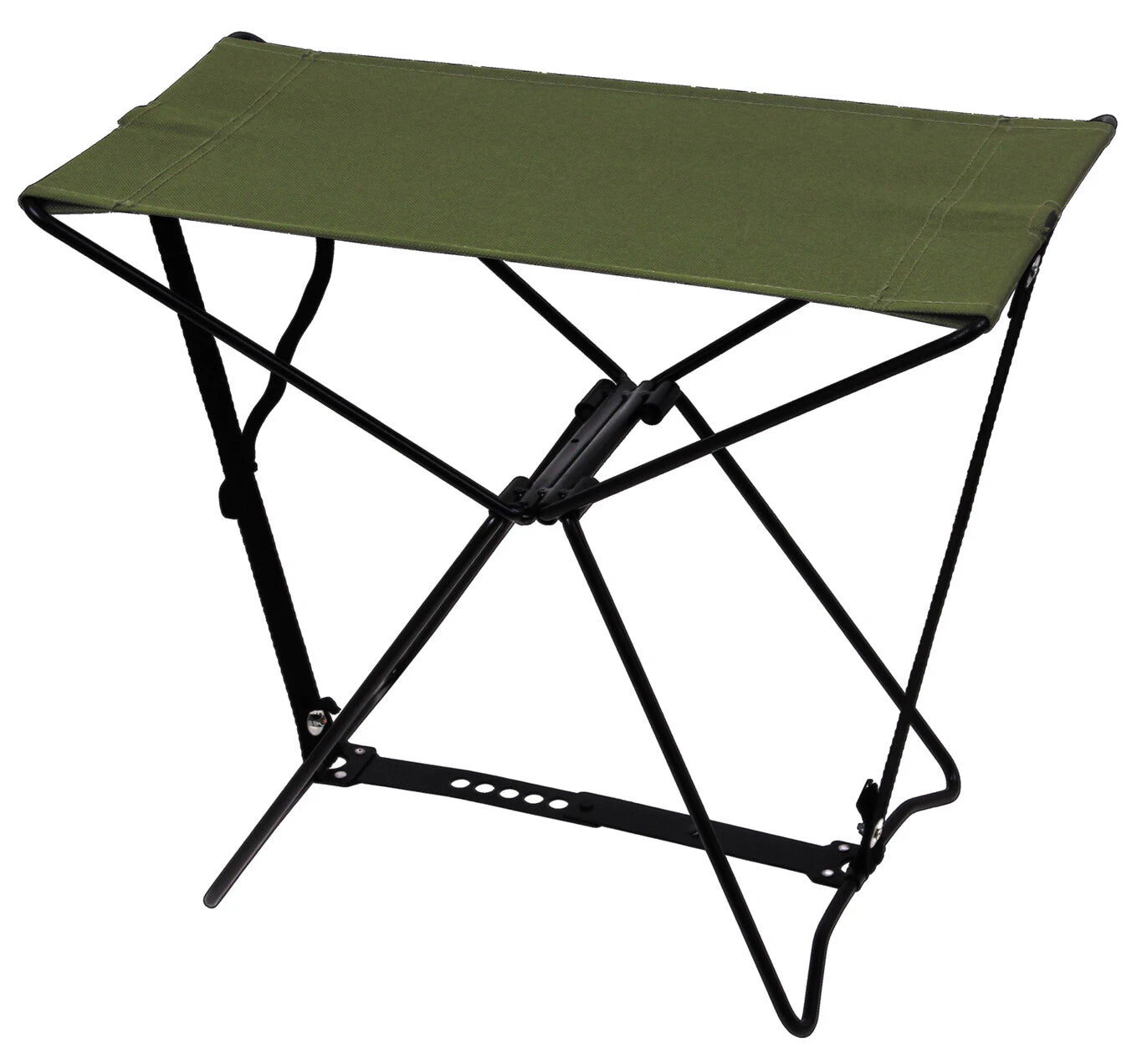 Green folding stool with black metal frame on a white background
