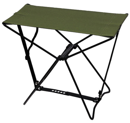 Green folding stool with black metal frame on a white background