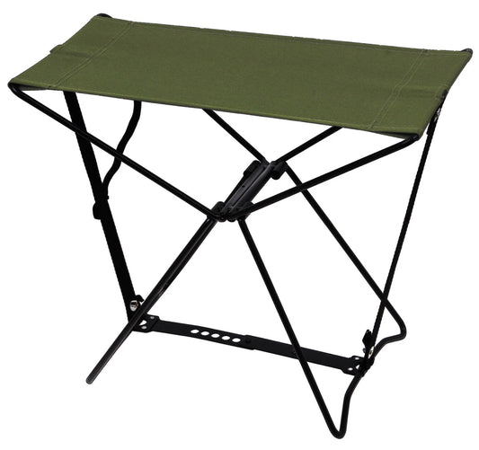 Green folding stool with black metal frame on a white background
