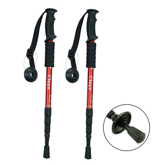 Two red hiking poles with black grips and adjustable collars on a white background.