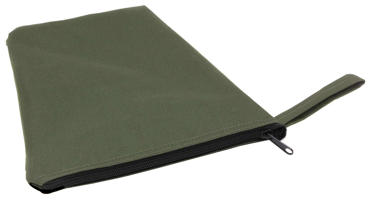 Green fabric pouch with a zipper on a white background