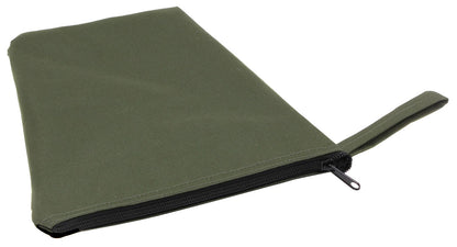 Green fabric pouch with a zipper on a white background