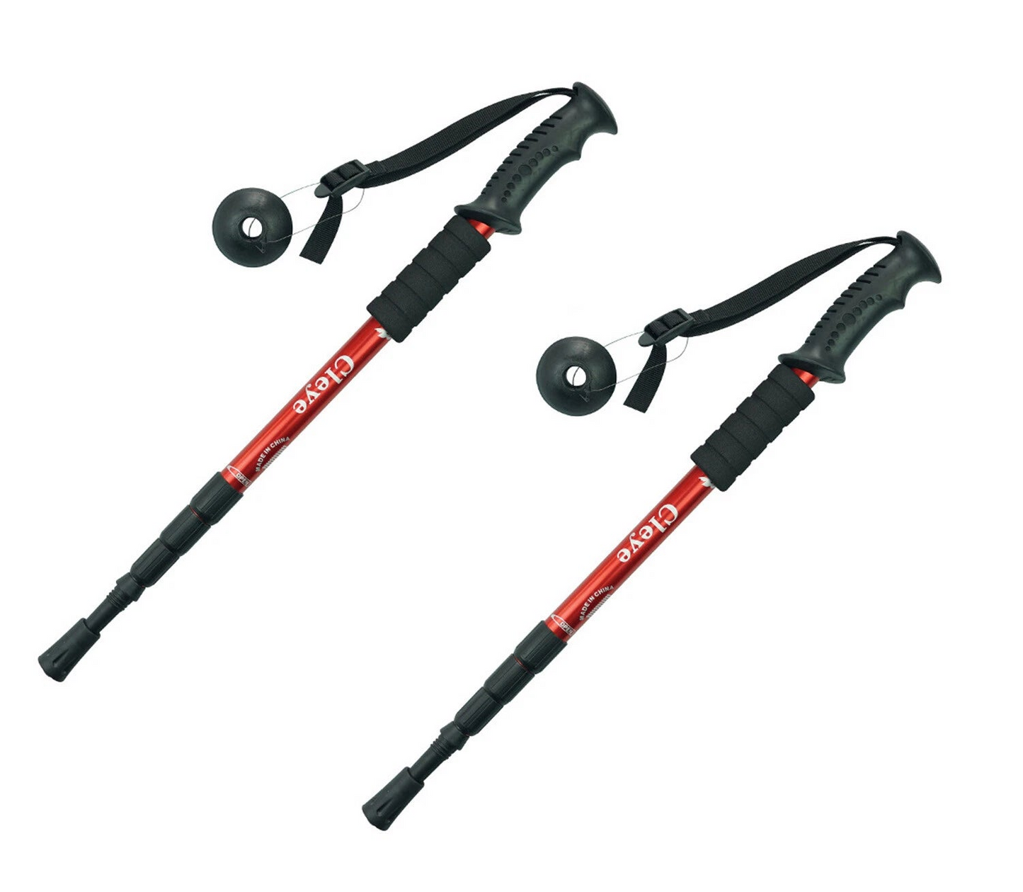 Two red and black hiking sticks with carrying straps on a white background