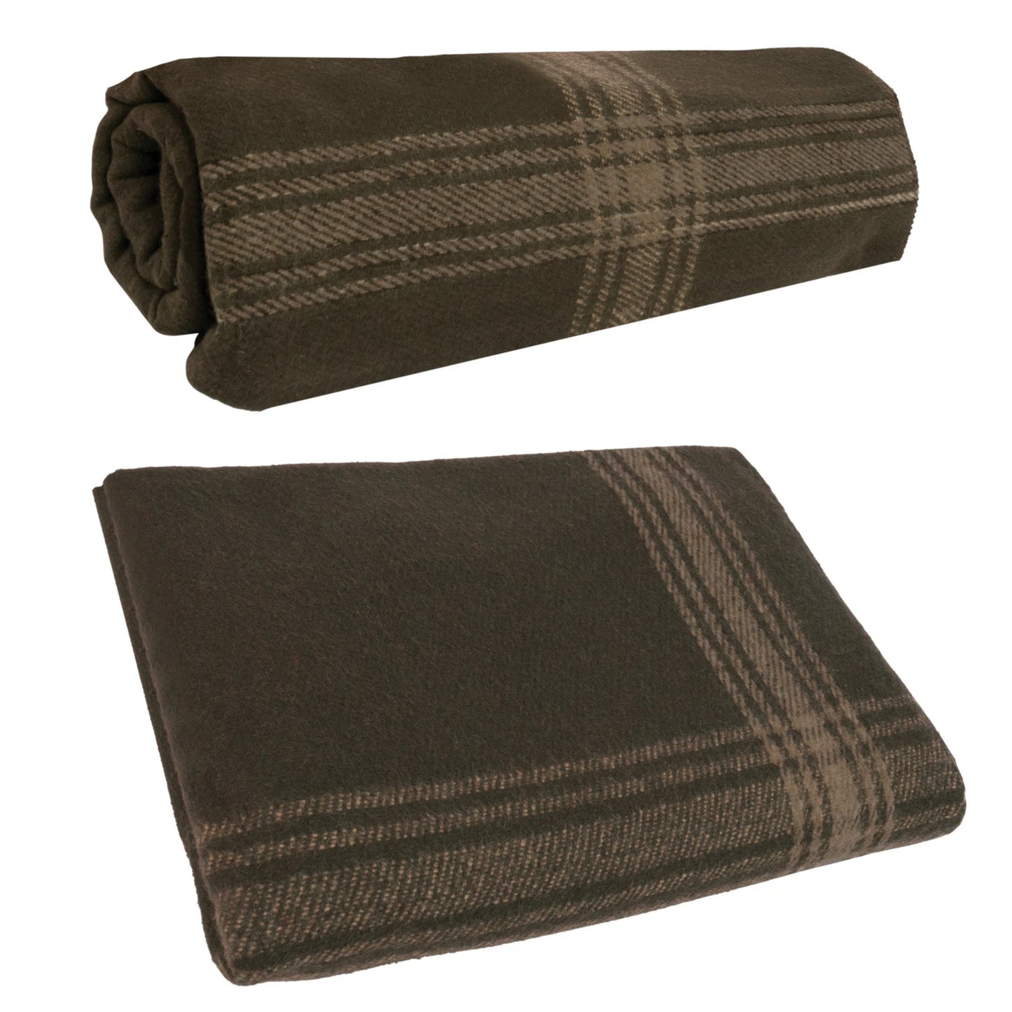 Two brown plaid blankets, one rolled and one flat, on a white background