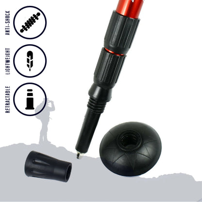 Black and red walking stick with features indicated by icons on a white background