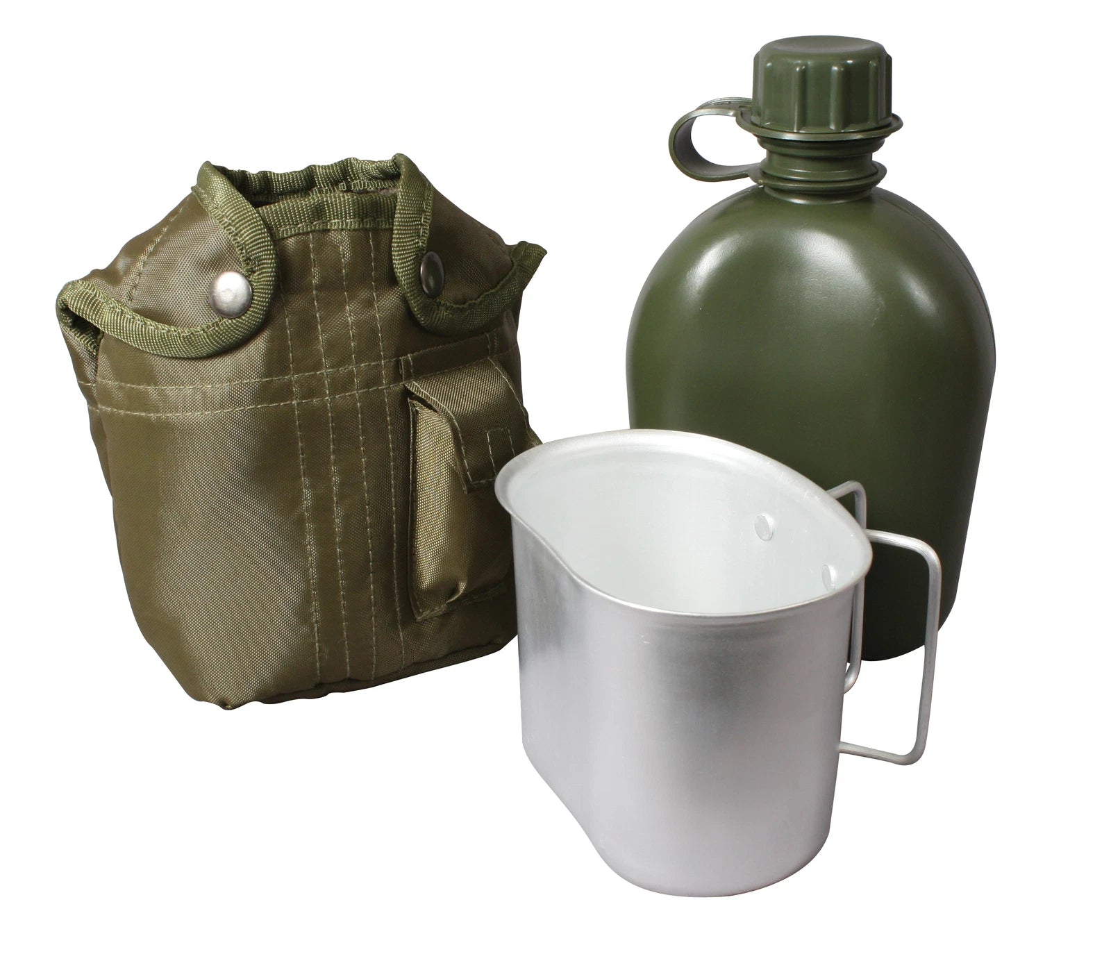 Green canteen, green pouch, and white cup on a white background
