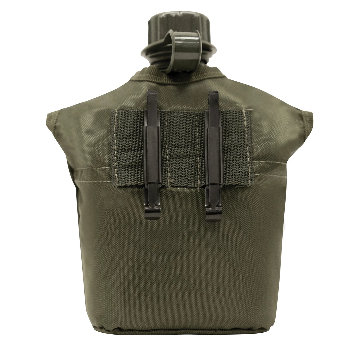 Green tactical vest with a water bottle holder on a white background
