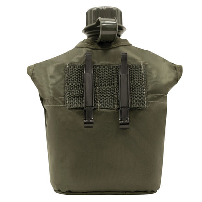 Green tactical vest with a water bottle holder on a white background