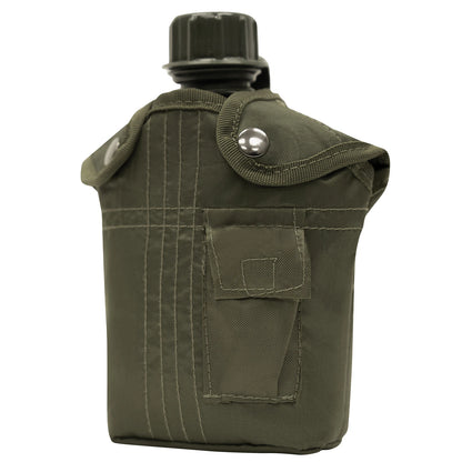 Green military canteen with a shoulder strap on a white background