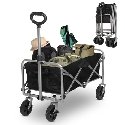 Foldable utility wagon with various items on a white background