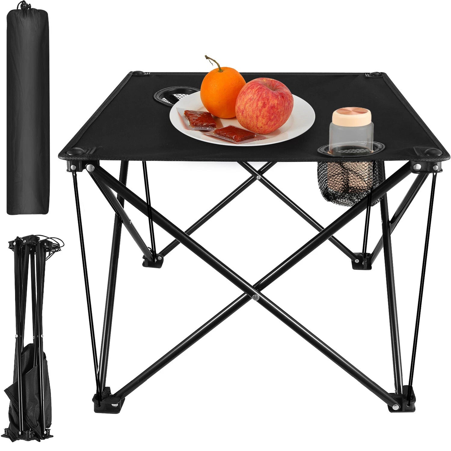 Black folding table with a plate of fruit and a glass on a white background