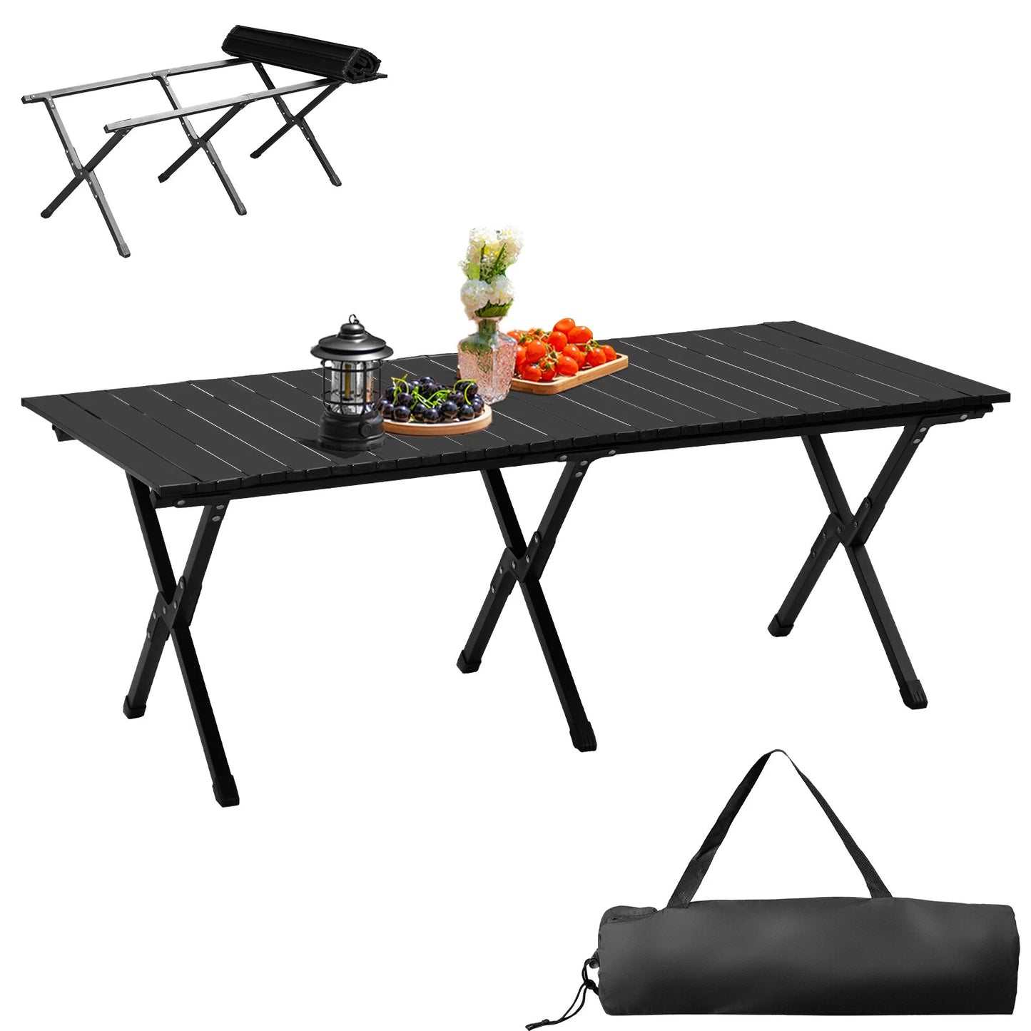 Black folding table with accessories on a white background