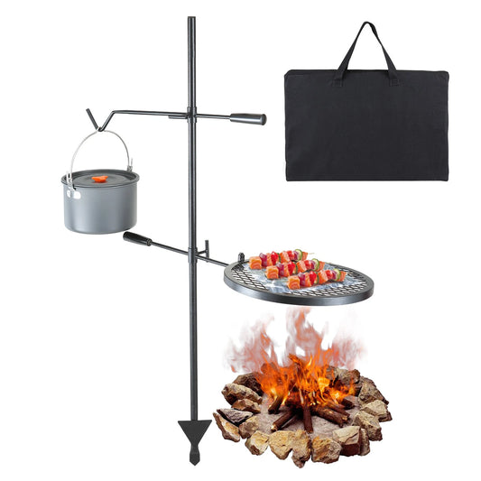Portable camping stove with pot, grill, and firewood on a white background