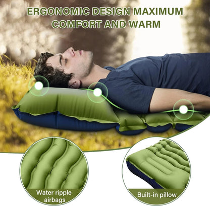Person lying on a green inflatable sleeping pad with text highlighting comfort and warmth, set against a natural background.