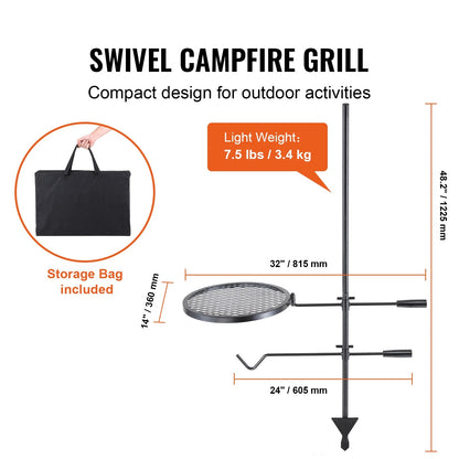 Swivel campfire grill with dimensions and features on a white background