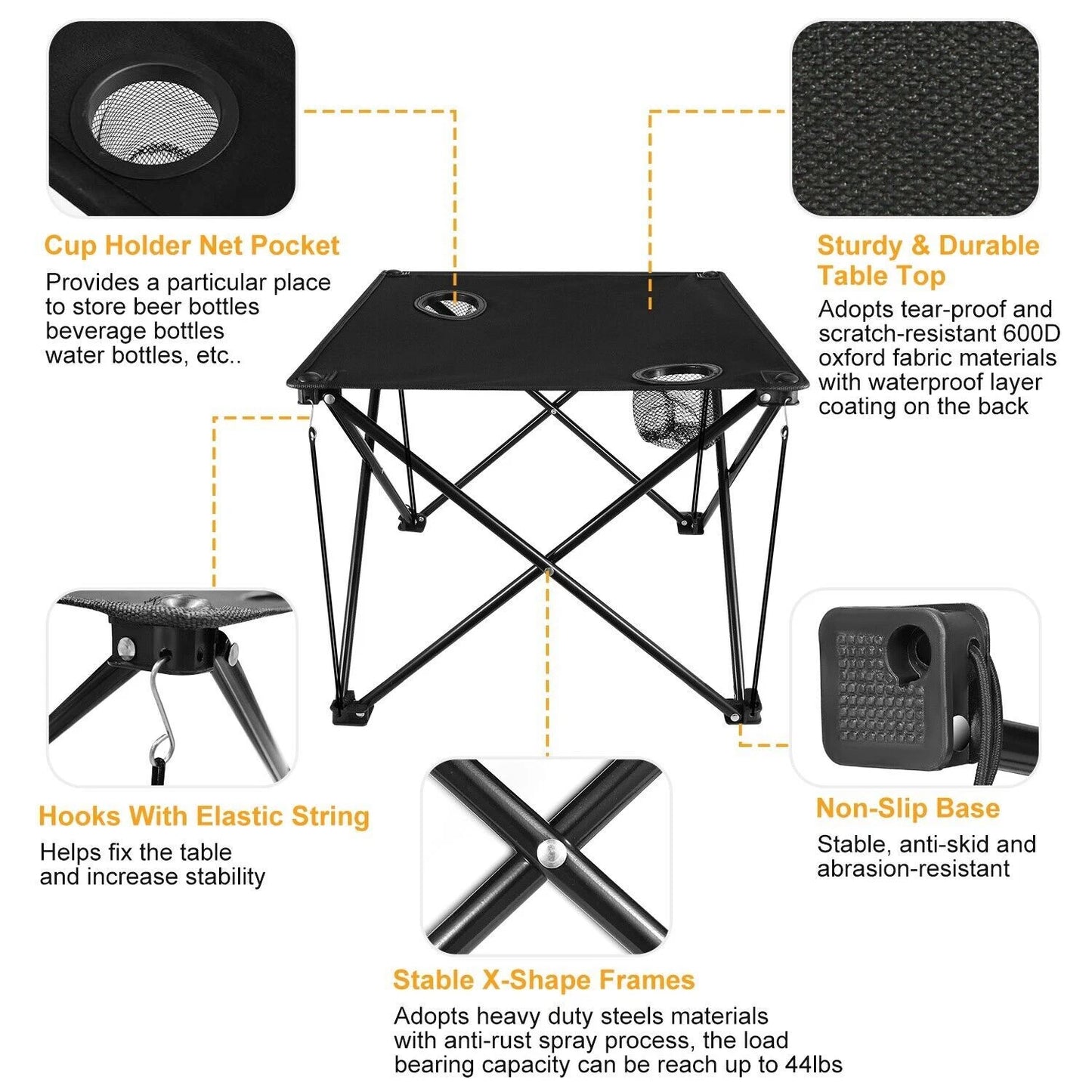 Black folding table with features highlighted on a white background