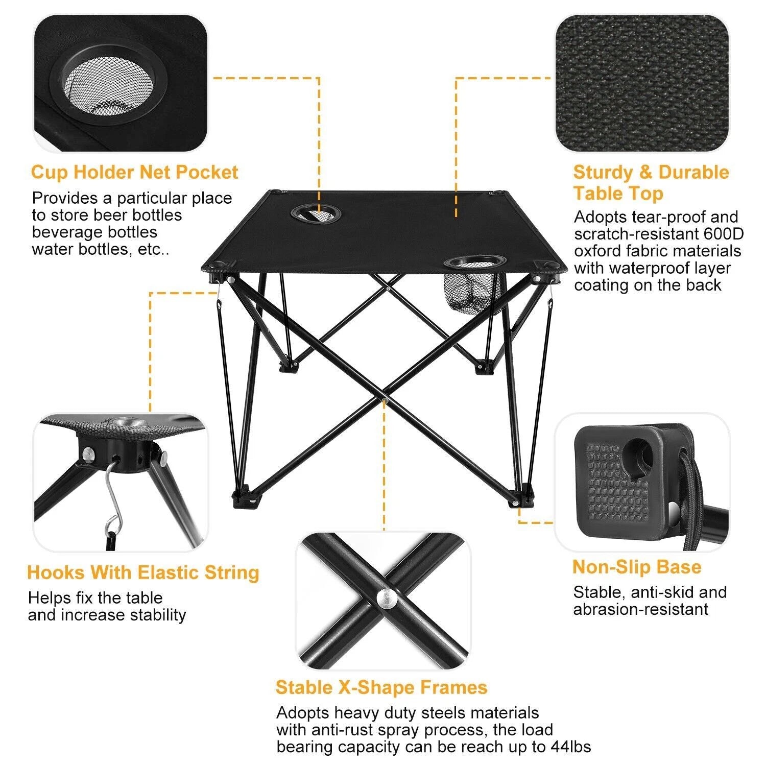 Black folding table with features highlighted on a white background