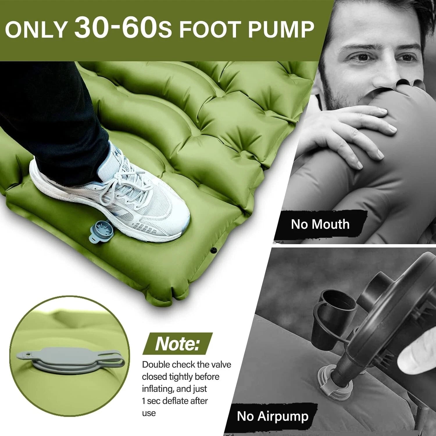 Green inflatable foot pump with a person using it, showing no mouth and no air pump features.