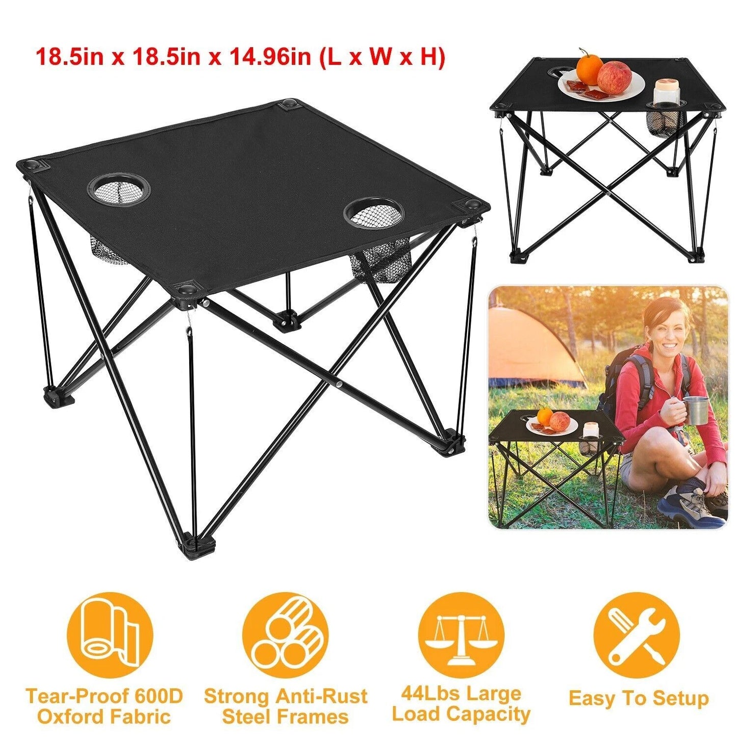 Black folding camping table with features and usage scenario on a white background