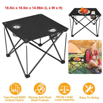 Black folding camping table with features and usage scenario on a white background