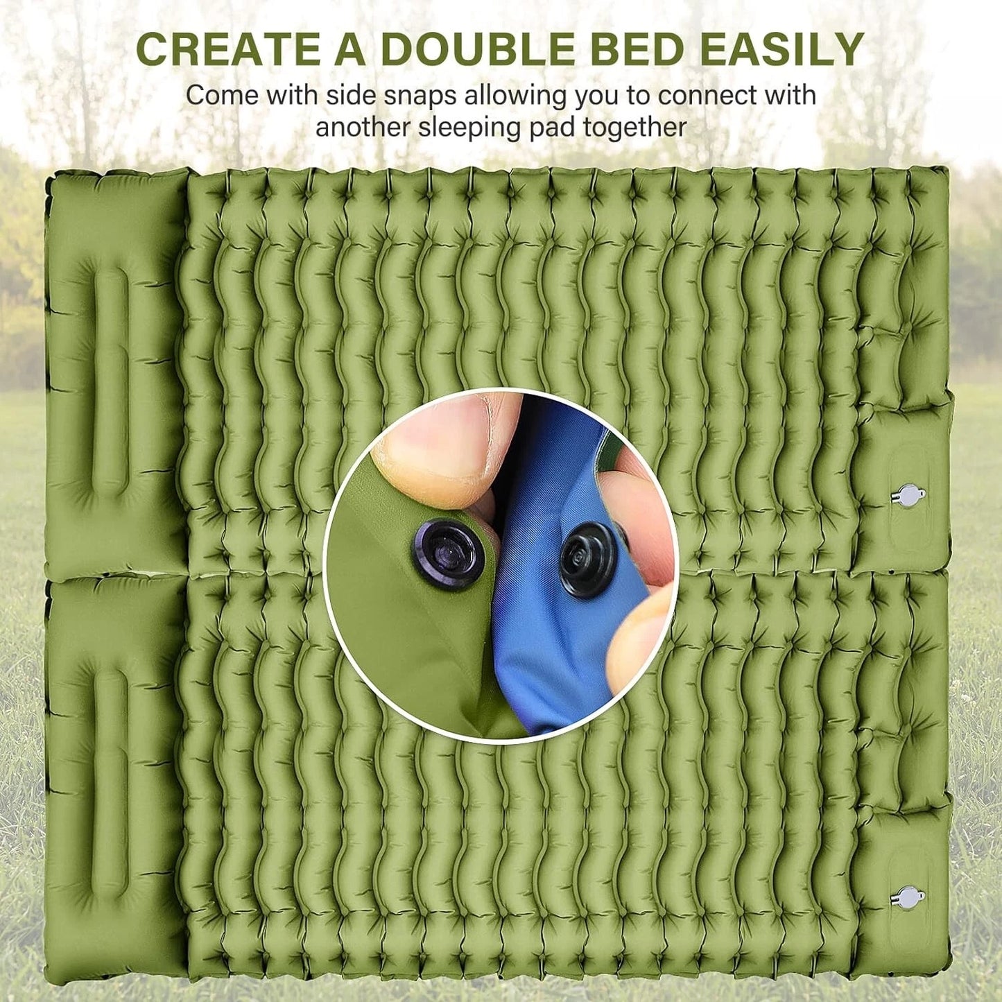 Green inflatable sleeping pad with side snap feature on a natural background