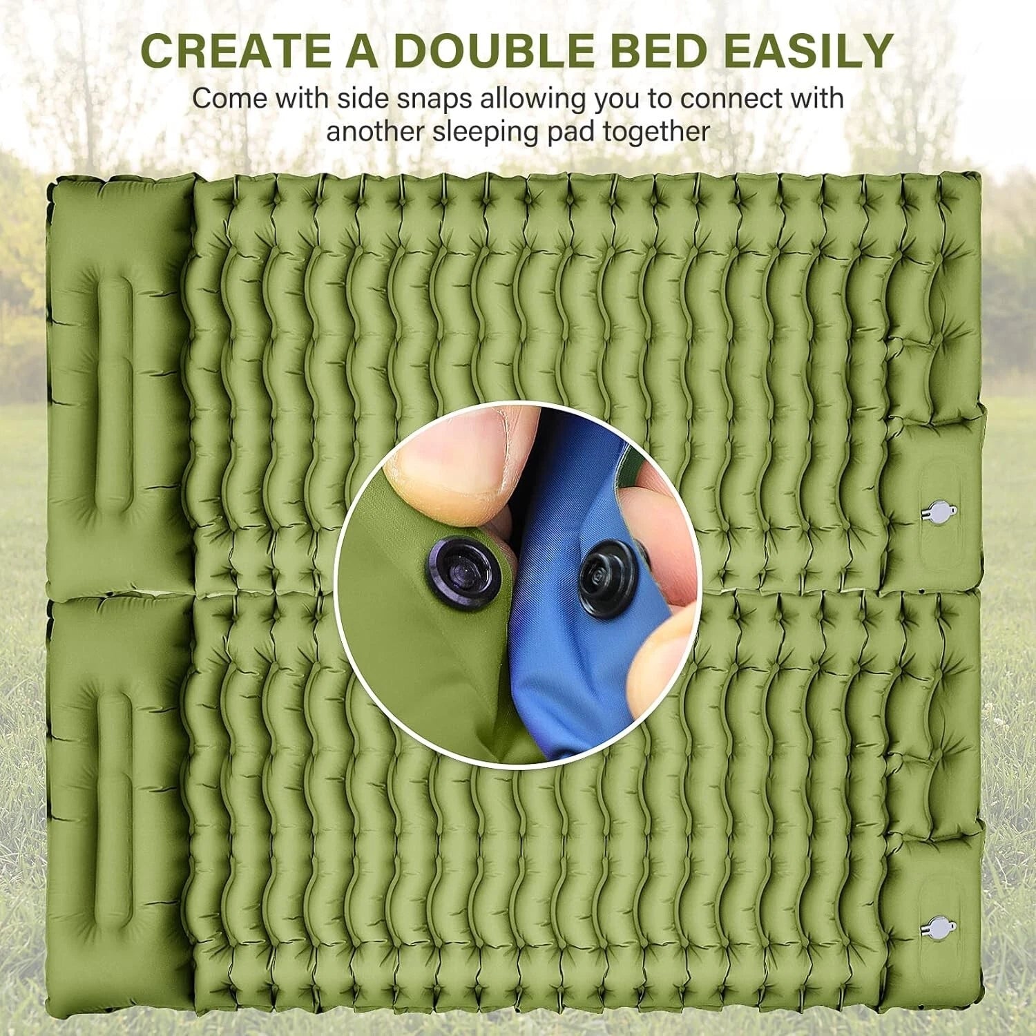 Green inflatable sleeping pad with side snap feature on a natural background