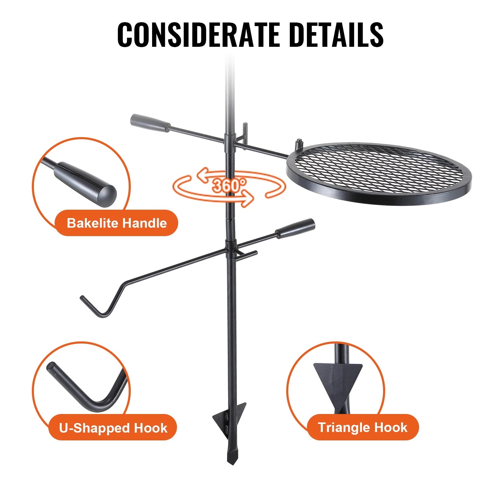 Black metal stand with grill and hooks on a white background, highlighting features like bakelite handle and hooks.