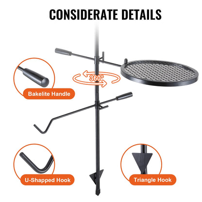 Black metal stand with grill and hooks on a white background, highlighting features like bakelite handle and hooks.